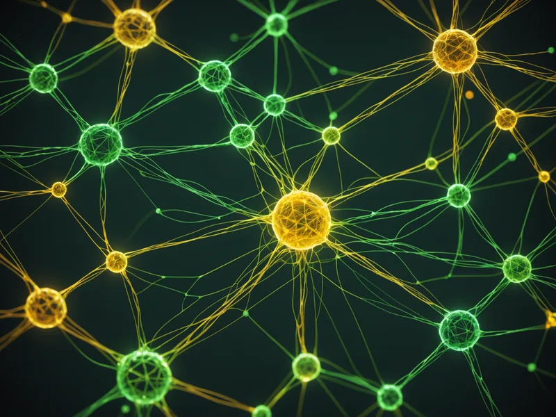 Abstract microbial metabolic network with connected reaction nodes and flux pathways